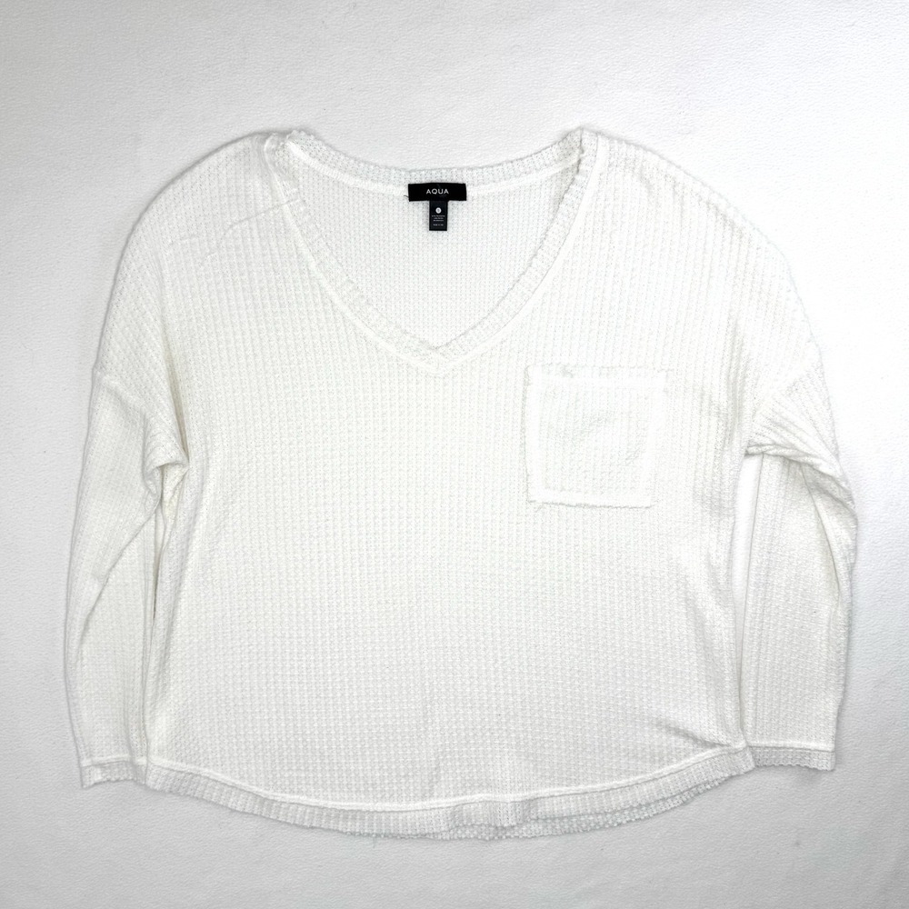 AQUA Womens White Waffle Thermal V-Neck Long Sleeve Pocket Top Small Lightweight